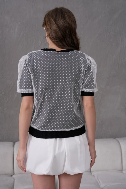 Bisiklet Yaka Full Beden Tül Detaylı Triko Bluz