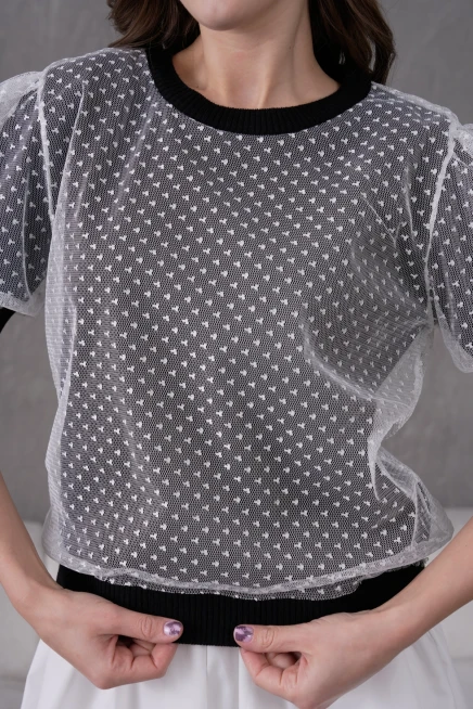 Bisiklet Yaka Full Beden Tül Detaylı Triko Bluz