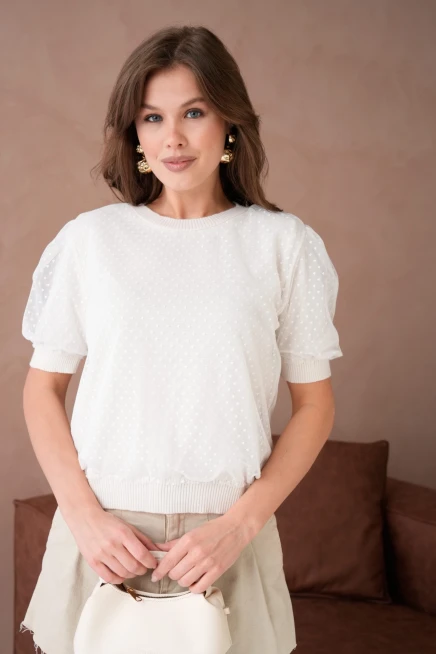 Bisiklet Yaka Full Beden Tül Detaylı Triko Bluz