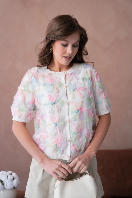 Bisiklet Yaka Tül Detaylı Düğmeli Triko Kazak