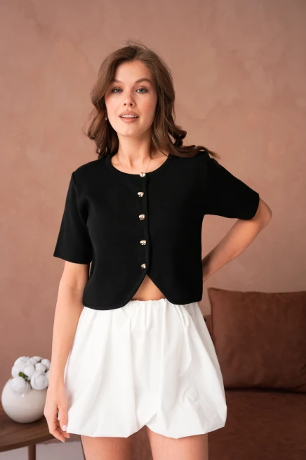 Bisiklet Yaka Düğme Detaylı Kısa Triko Ceket