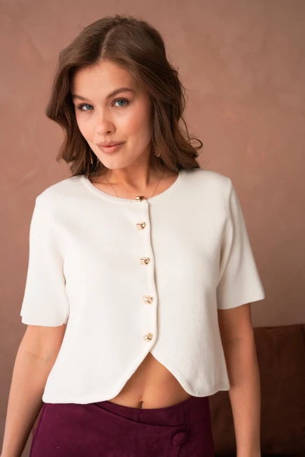 Bisiklet Yaka Düğme Detaylı Kısa Triko Ceket