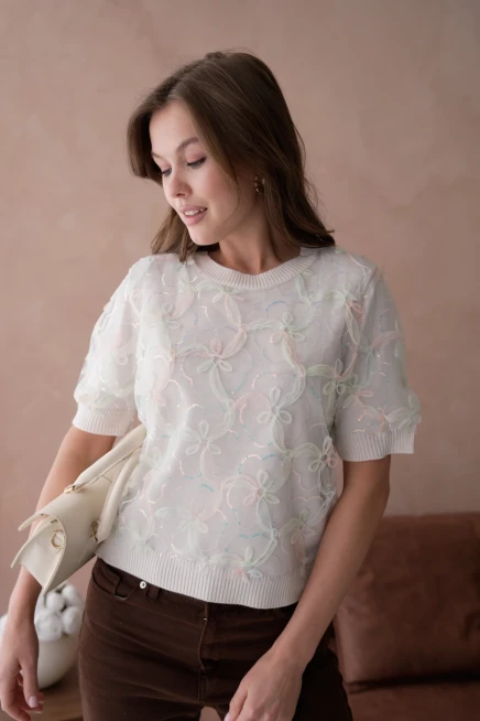 Bisiklet Yaka Tül Detaylı Triko Kazak