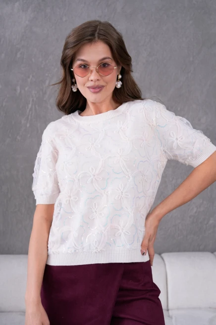 Bisiklet Yaka Tül Detaylı Triko Kazak