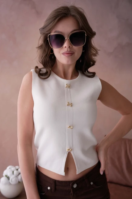 Aksesuar Detaylı Kolsuz Triko Bluz