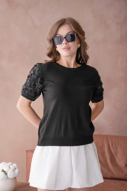 Bisiklet Yaka Kolu Tül Detaylı Triko Bluz