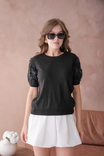 Bisiklet Yaka Kolu Tül Detaylı Triko Bluz