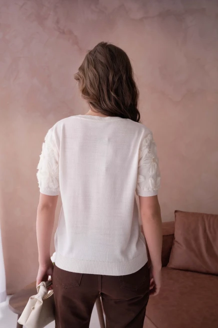 Bisiklet Yaka Kolu Tül Detaylı Triko Bluz