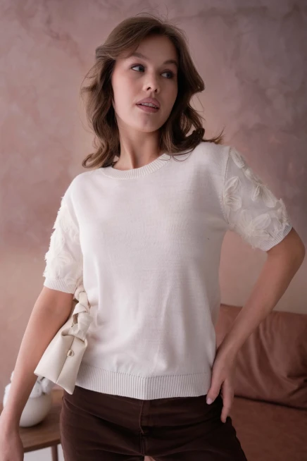 Bisiklet Yaka Kolu Tül Detaylı Triko Bluz