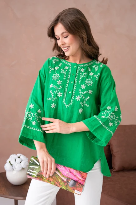 Yuvarlak Yaka Nakış İşleme Taş Detaylı Geniş Kol Salaş Dokuma Tunik