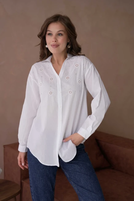 Gömlek Yaka Taş İşlemeli Nakış Detay Dokuma Gömlek