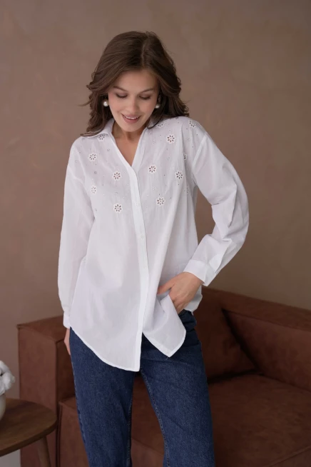 Gömlek Yaka Taş İşlemeli Nakış Detay Dokuma Gömlek