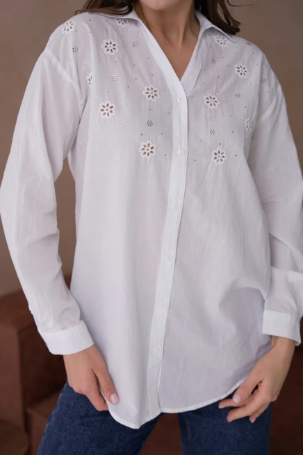 Gömlek Yaka Taş İşlemeli Nakış Detay Dokuma Gömlek