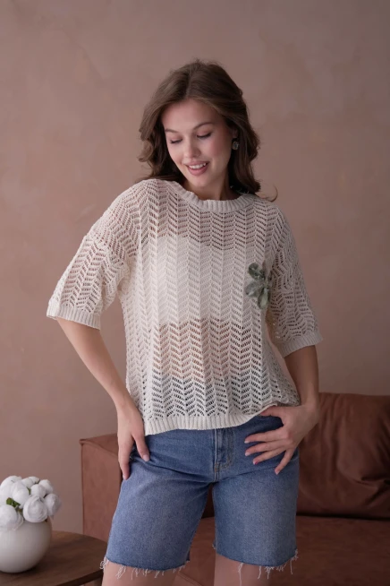 Bisiklet Yaka Aplikeli Ajurlu Salaş Triko Bluz