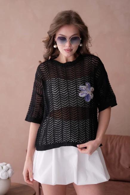 Bisiklet Yaka Aplikeli Ajurlu Salaş Triko Bluz