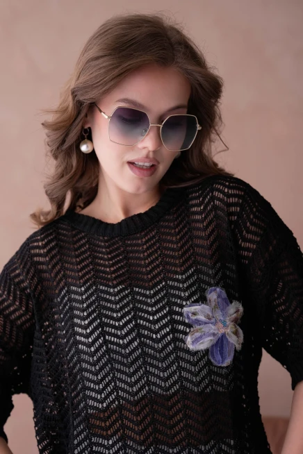 Bisiklet Yaka Aplikeli Ajurlu Salaş Triko Bluz