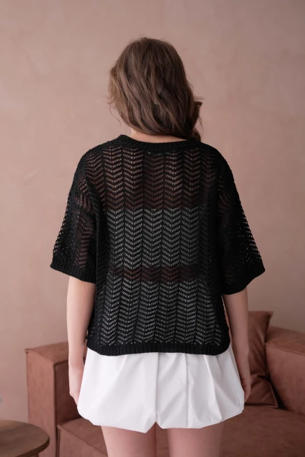 Bisiklet Yaka Aplikeli Ajurlu Salaş Triko Bluz