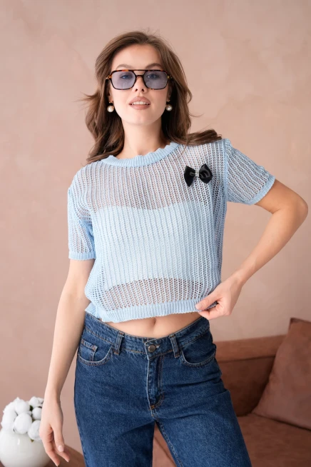 Bisiklet Yaka Aksesuarlı Ajurlu Triko Bluz