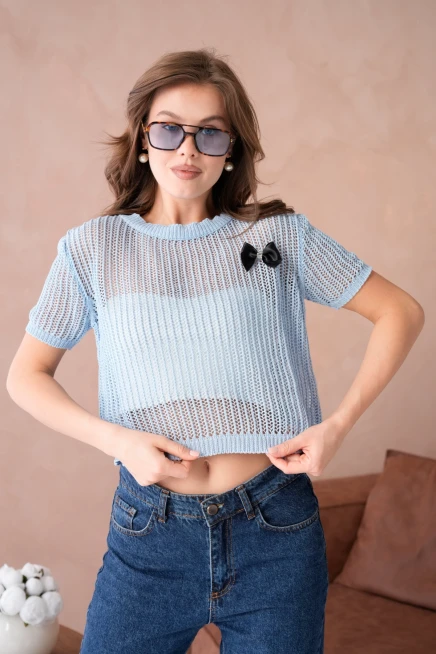 Bisiklet Yaka Aksesuarlı Ajurlu Triko Bluz