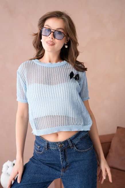 Bisiklet Yaka Aksesuarlı Ajurlu Triko Bluz