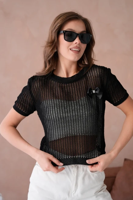 Bisiklet Yaka Aksesuarlı Ajurlu Triko Bluz