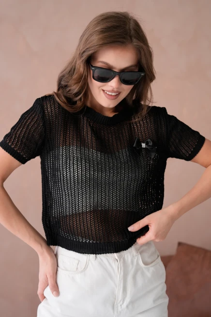 Bisiklet Yaka Aksesuarlı Ajurlu Triko Bluz