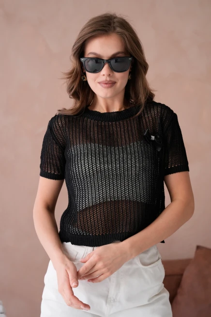 Bisiklet Yaka Aksesuarlı Ajurlu Triko Bluz