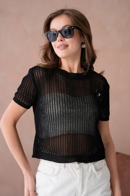 Bisiklet Yaka Aksesuarlı Ajurlu Triko Bluz