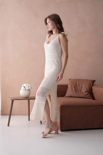 Askılı Ajur Desen Astarlı Uzun Elbise