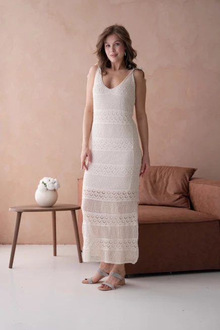 Askılı Ajur Desen Astarlı Uzun Elbise