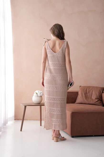 Askılı Ajur Desen Astarlı Uzun Elbise