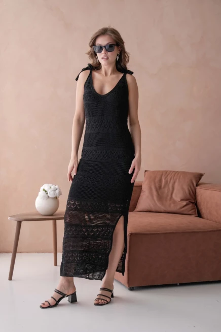 Askılı Ajur Desen Astarlı Uzun Elbise