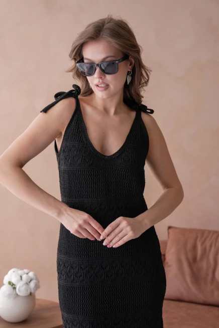 Askılı Ajur Desen Astarlı Uzun Elbise