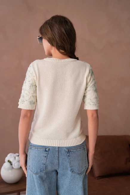 V Yaka Tül Detay Triko Kazak