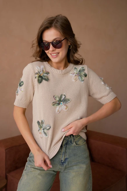 Bisiklet Yaka  Aplikeli Triko Kazak