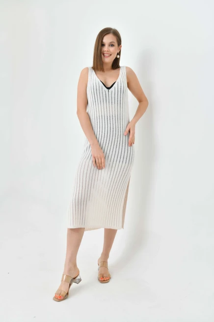 Kadın Askılı Örgü Detay Midi Yırtmaçlı Triko Elbise