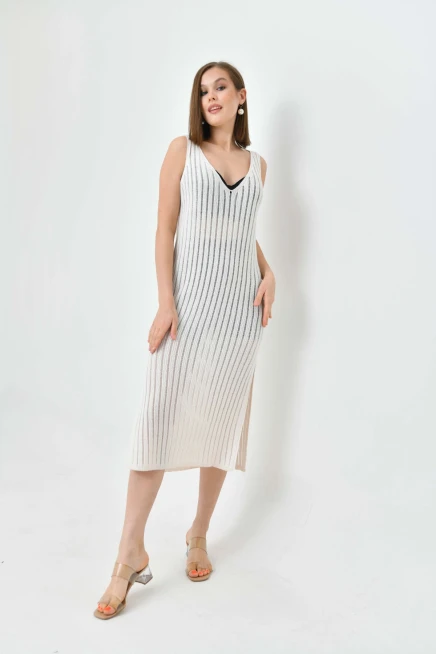 Kadın Askılı Örgü Detay Midi Yırtmaçlı Triko Elbise