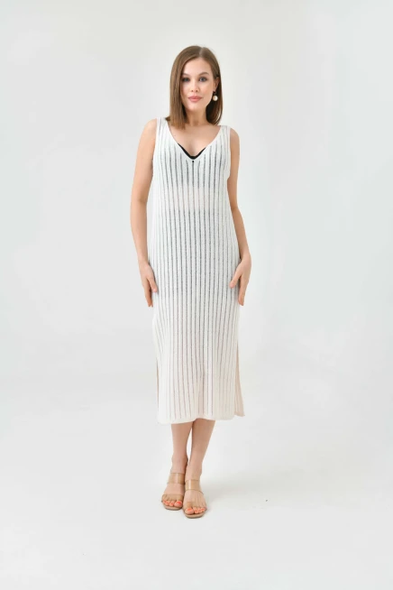 Kadın Askılı Örgü Detay Midi Yırtmaçlı Triko Elbise