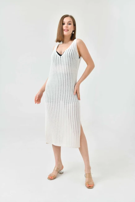 Kadın Askılı Örgü Detay Midi Yırtmaçlı Triko Elbise