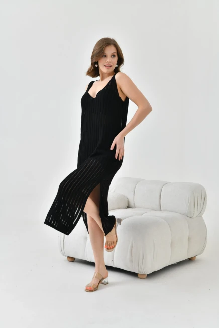 Kadın Askılı Örgü Detay Midi Yırtmaçlı Triko Elbise