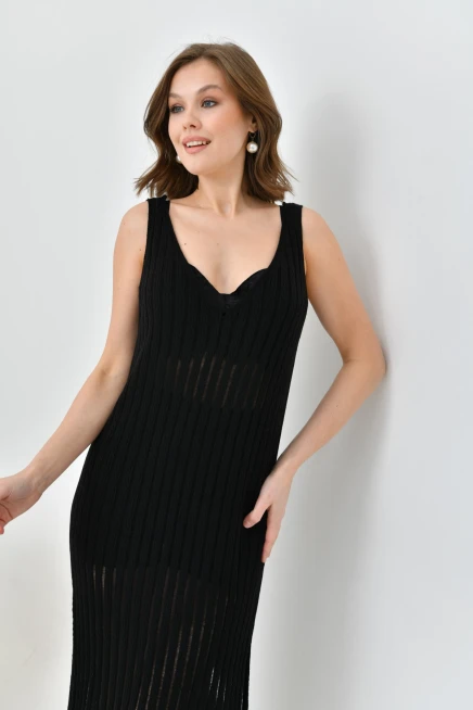 Kadın Askılı Örgü Detay Midi Yırtmaçlı Triko Elbise