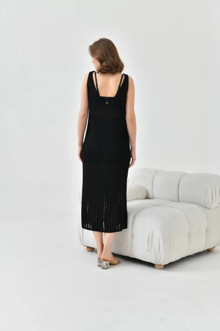 Kadın Askılı Örgü Detay Midi Yırtmaçlı Triko Elbise