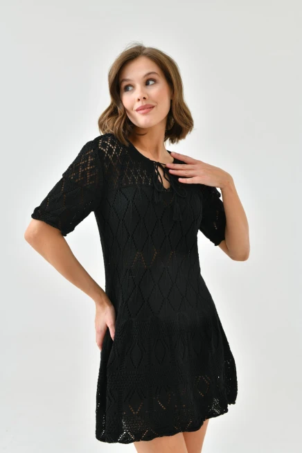 Bağlama Yakalı Ajurlu Kısa Kol Triko Elbise