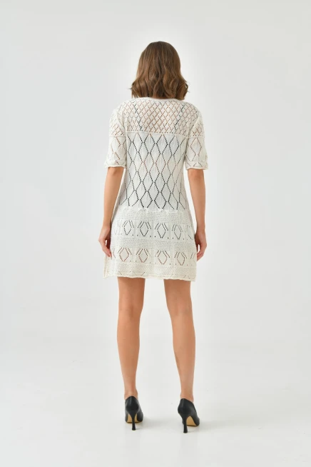 Bağlama Yakalı Ajurlu Kısa Kol Triko Elbise