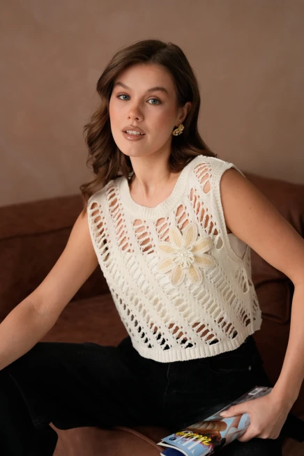 Kadın Bisiklet Yaka Ajurlu Kolsuz Triko Bluz