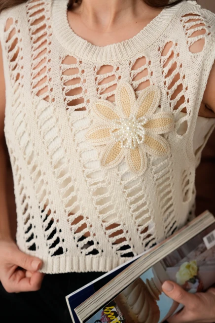 Kadın Bisiklet Yaka Ajurlu Kolsuz Triko Bluz