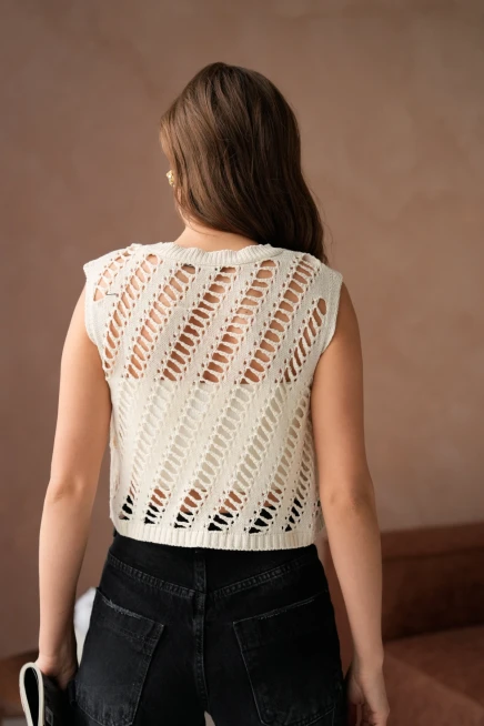 Kadın Bisiklet Yaka Ajurlu Kolsuz Triko Bluz