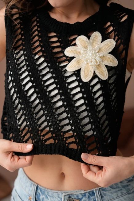 Kadın Bisiklet Yaka Ajurlu Kolsuz Triko Bluz