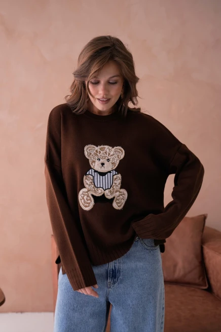 Kadın Bisiklet Yaka Aplikeli Arkası Uzun Salaş Triko Kazak