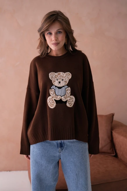 Kadın Bisiklet Yaka Aplikeli Arkası Uzun Salaş Triko Kazak